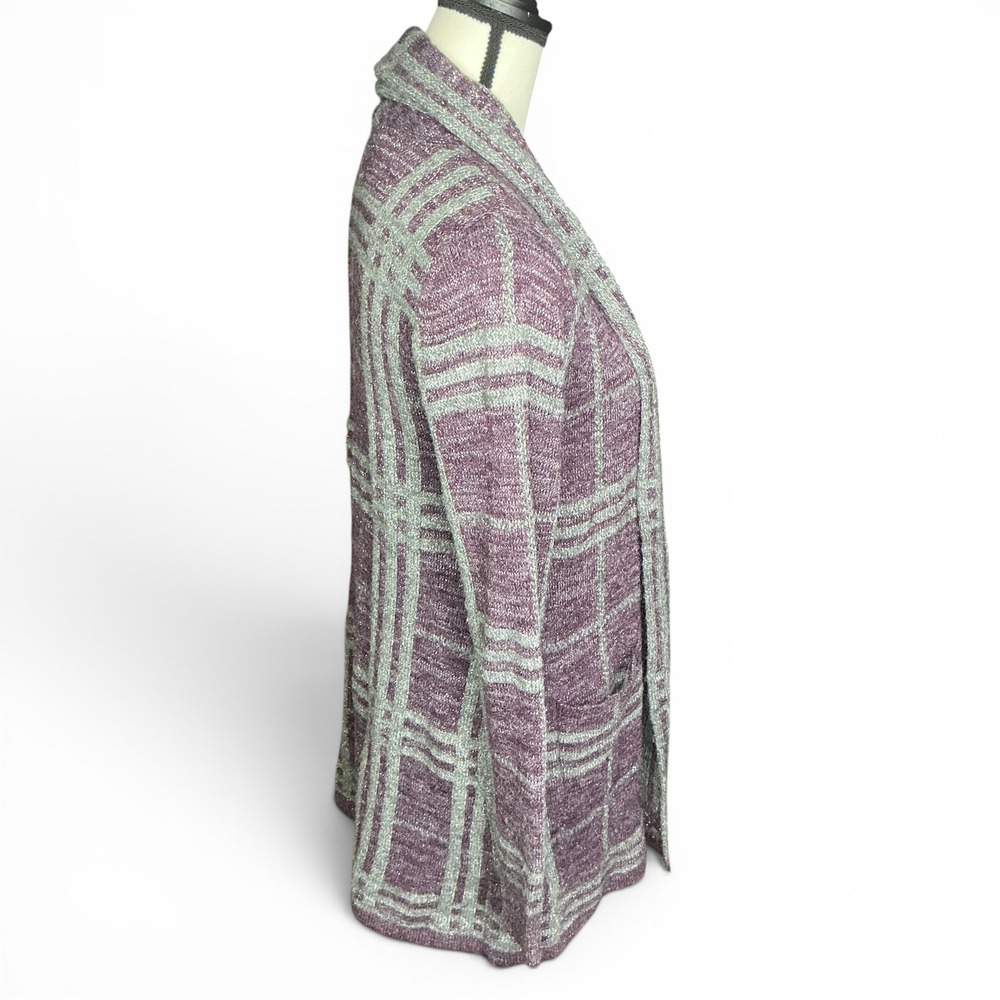 Simply Styled Purple Plaid Cardigan Women Small Metallic Open Front Knit Sweater - Picture 3 of 16